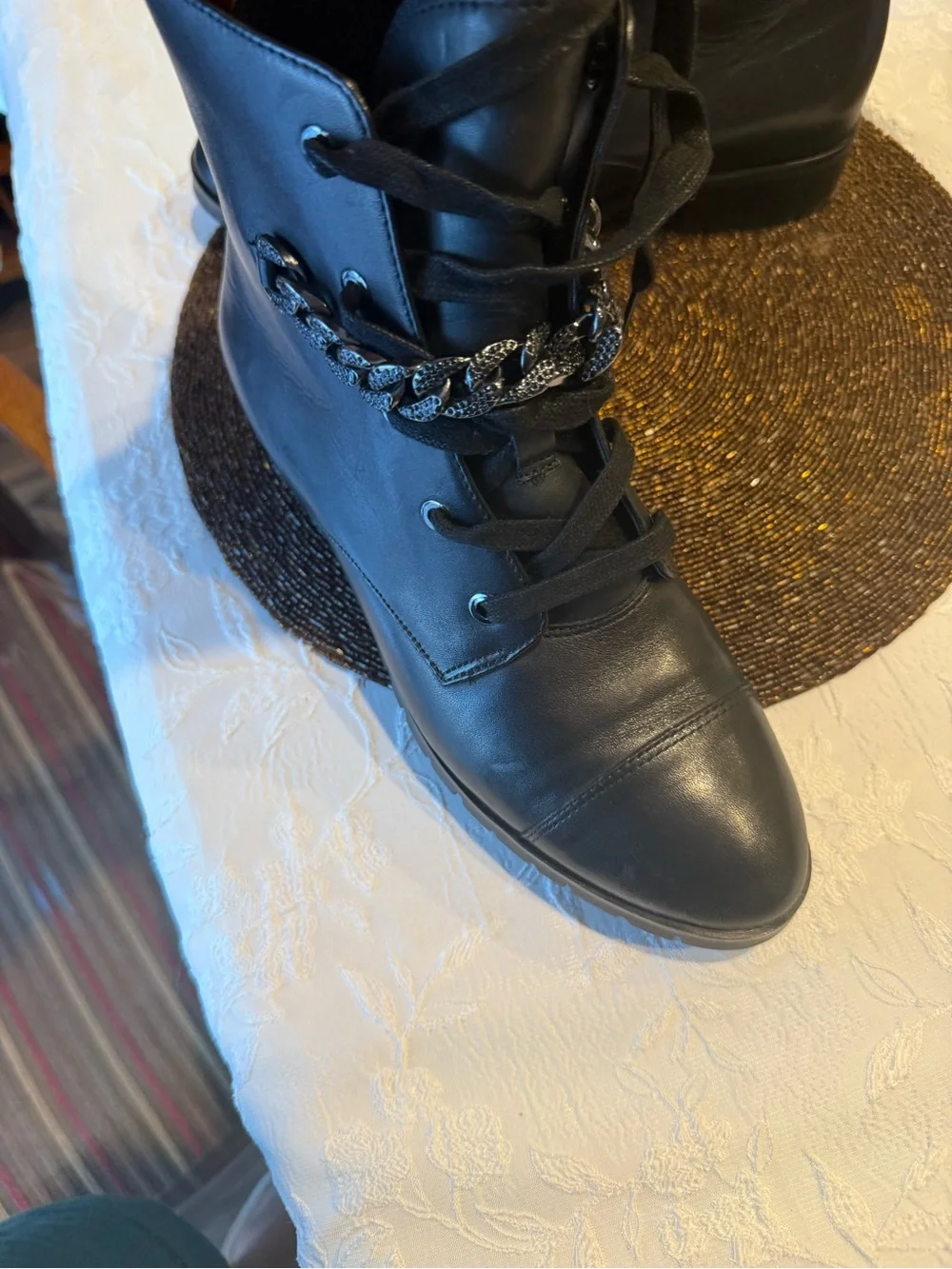 Karl Lagerfeld Black Lace-Up Ankle Boots with Chain Detail
